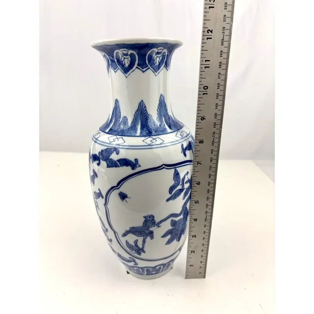 Blue & White Chinese Porcelain Vase with Floral & Bird‎ Design 11.75